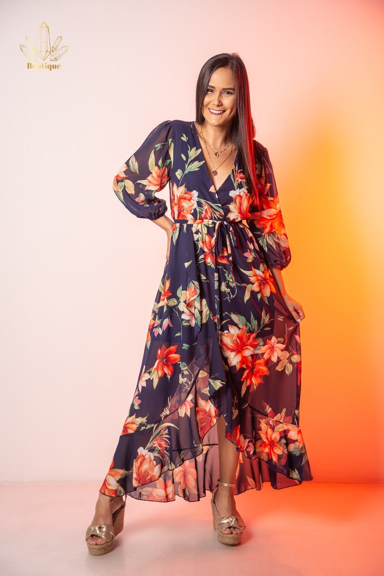 Vestido Azul Flores Manga Corta