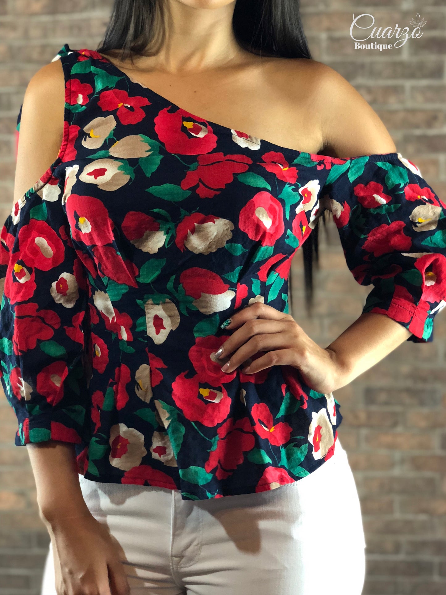 Blusa Azul Floreada Lazo Hombro