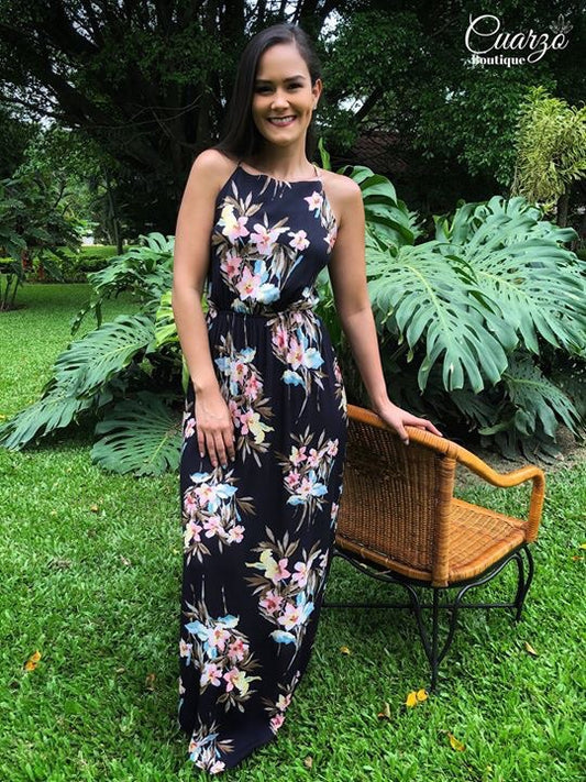 Vestido Negro Largo Floreado