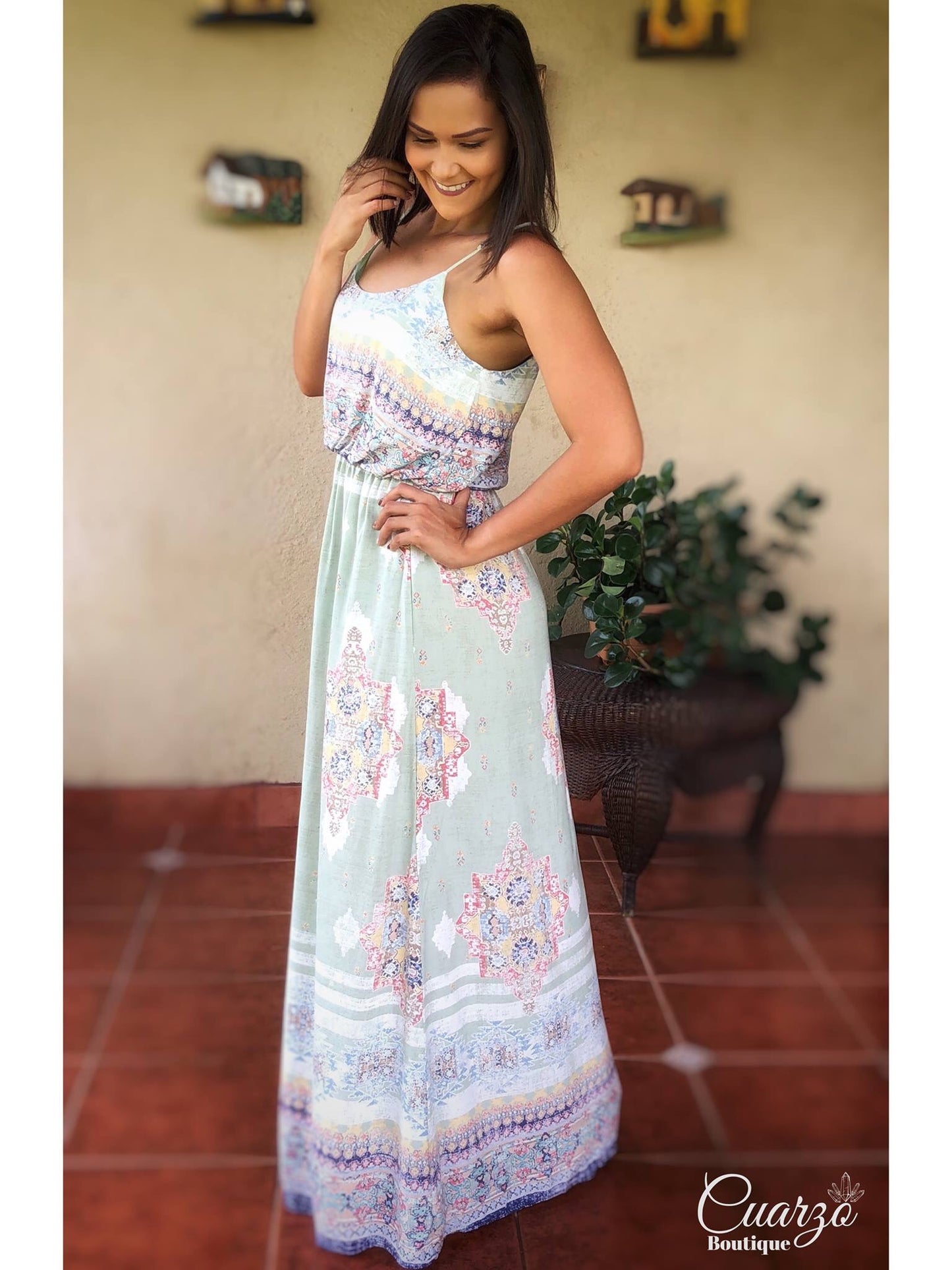 Vestido Largo Menta Estampado