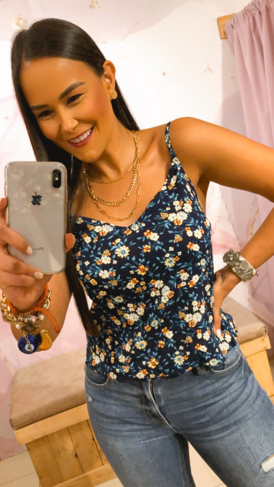 Blusa Tirantes Azul Floreada Abertura Espalda