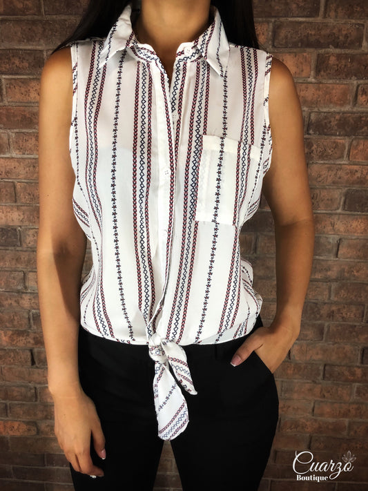 Blusa Blanca Estampada Sin Mangas Nudo Frente