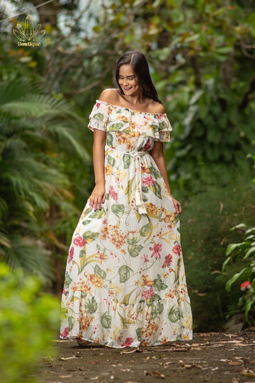 Vestido Beige Floreado Largo