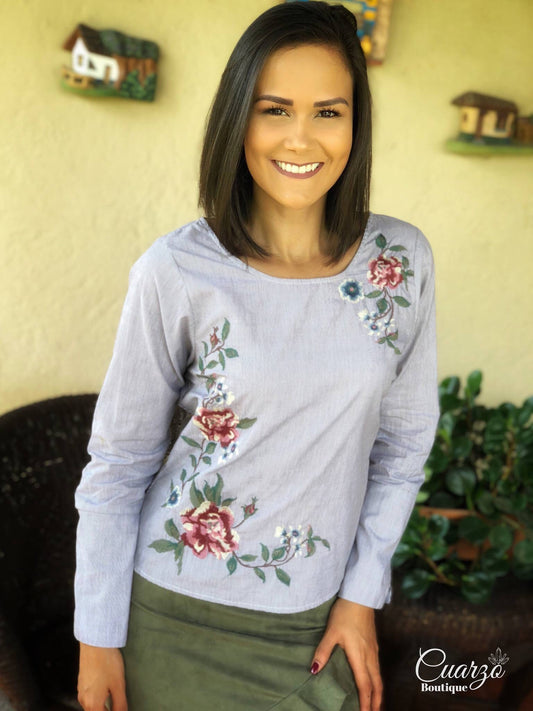Blusa Rayas Manga Larga Bordado