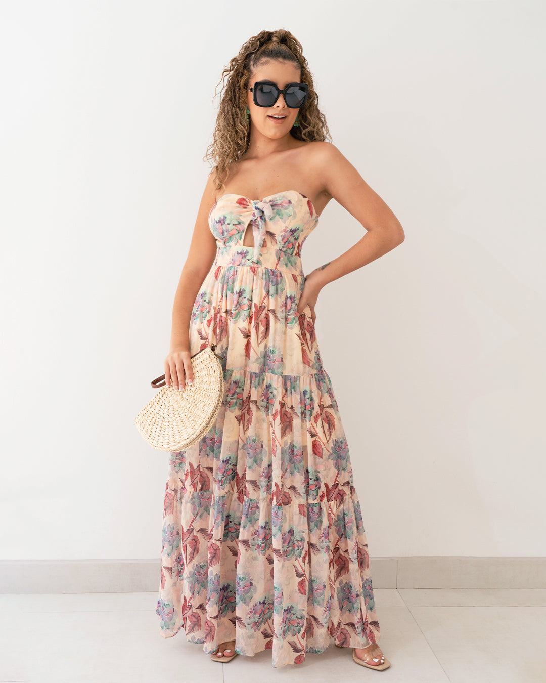 Maxi Vestido Beige Strapless Hojas