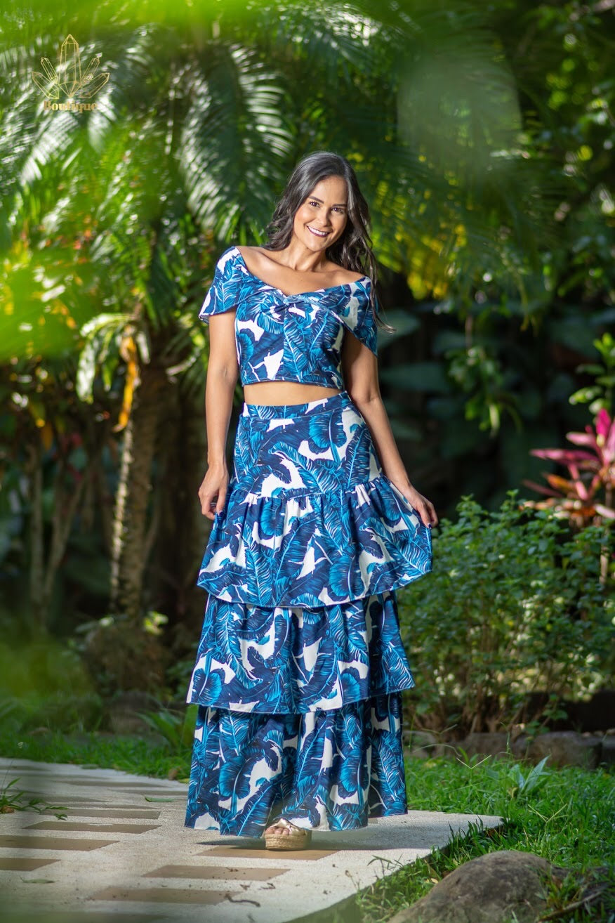 Conjunto Blanco con Hojas Azules