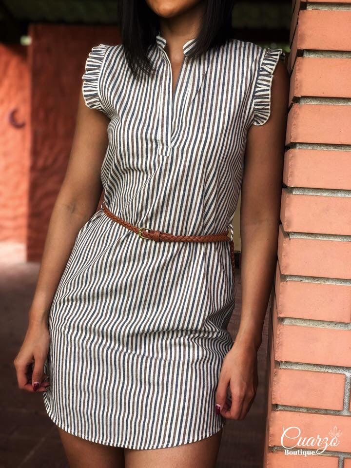 Vestido Rayas Faja Camel