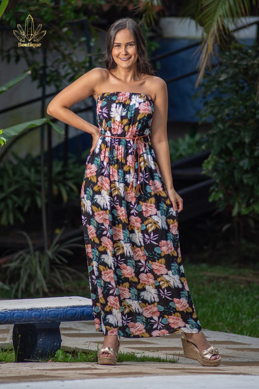 Vestido Negro Floreado Largo