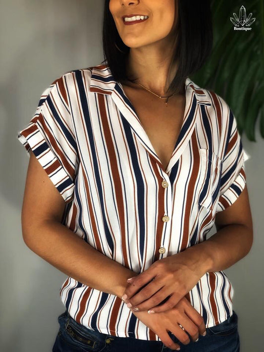 Blusa Blanca Rayas Manga Corta